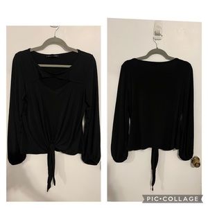 Boston Proper black open shoulder long sleeve top with bottom tie, size L